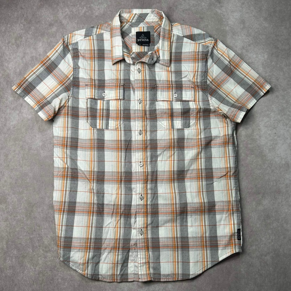 prAna Mens Short Sleeve Plaid Button Down Shirt Grey Orange Organic Cotton Lrg